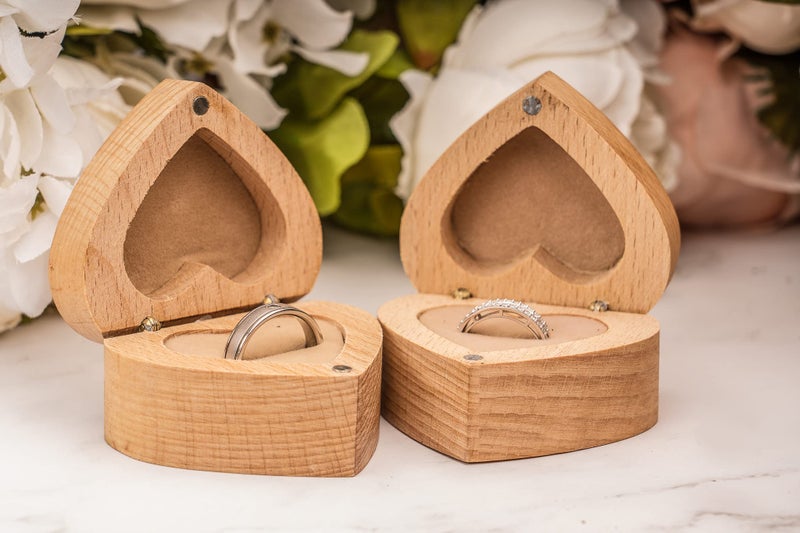 Strova Heart Shaped Wooden Ring Box for Wedding Rings â€“ Set of 2 with Engraved Mr. & Mrs. Lettering â€“ Ring Bearer Box for Display or Personal Organizer â€“ Protective Ring Cushions and Magnetic Closure - Image 4